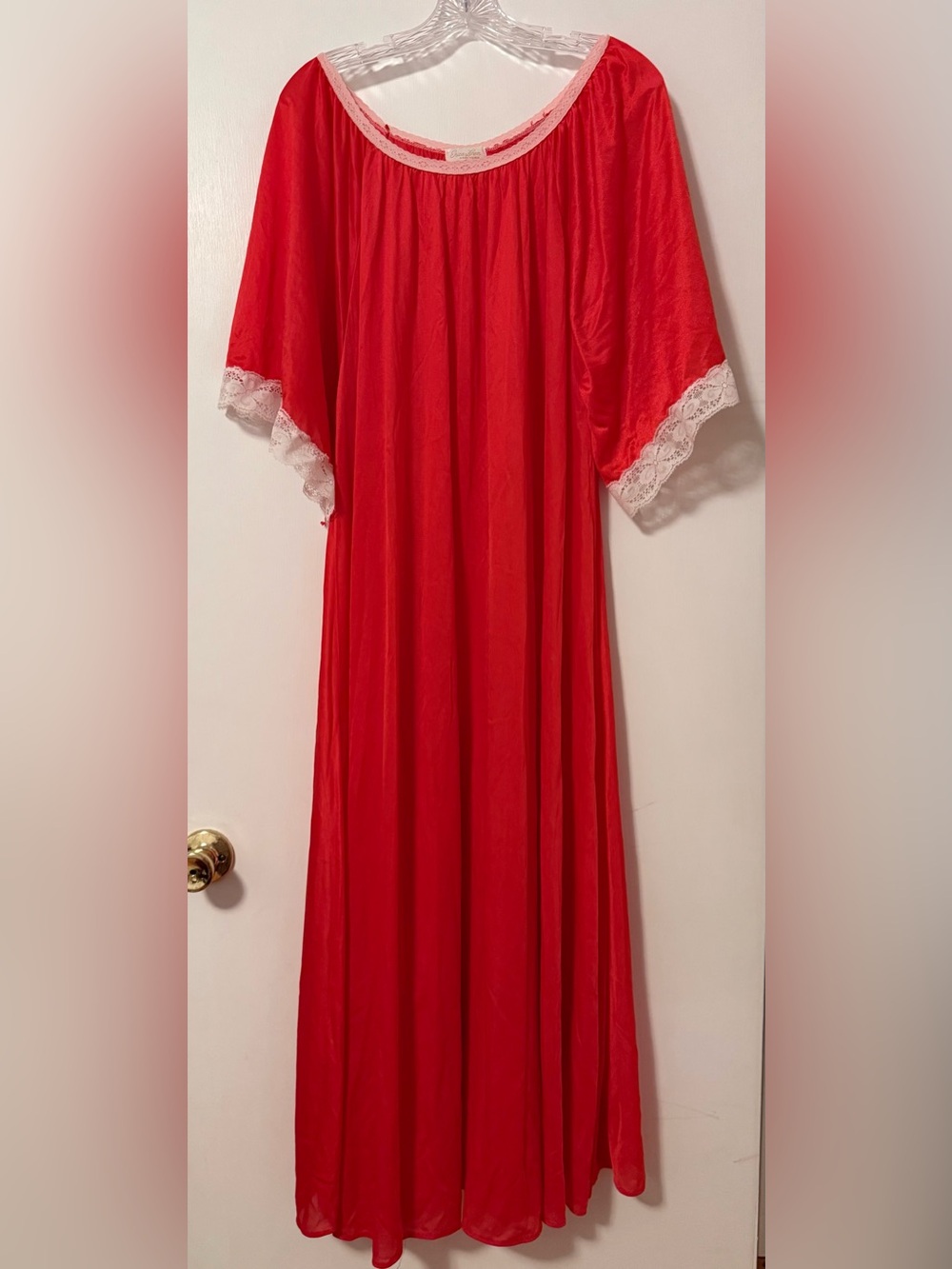 Vintage Erica Loren New York Red Nightgown White Lace OS One Size Flowy Retro